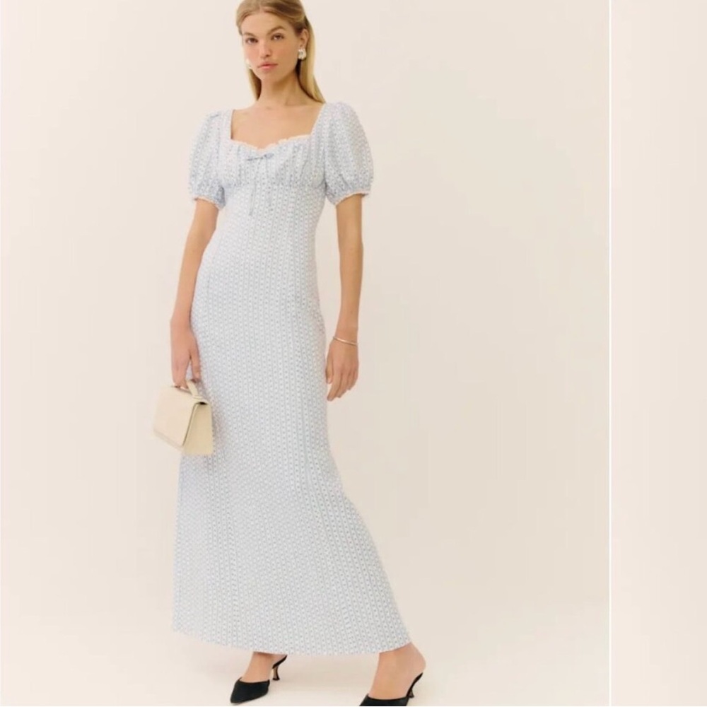 Reformation Cherise Light Blue Puff-Sleeve Maxi Dress